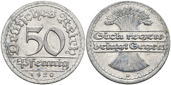 Германия 50 пфеннигов 1921 D KM 27, J.301, Weege 10 алюминий UNC 4584-736