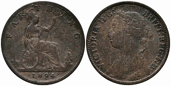 Великобритания 1 фартинг 1894 Виктория (1837-1901) KM 753, Spink 3958 бронза 113-114