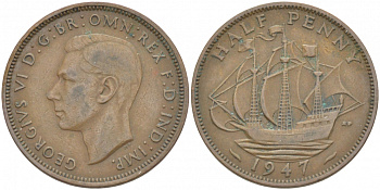 Великобритания 1/2 пенни 1947 Георг VI (1936-1952) KM 844, Spink 4115 KM 844 бронза 212-1223