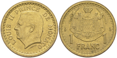 Монако 1 франк 1945 Луи II (1922-1949) KM 120 a алюминиевая бронза 190-526