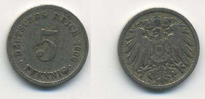 ГЕРМАНИЯ 5 ПФЕННИГОВ 1900 A, KM 11, J. 12 медно-никель 54-736