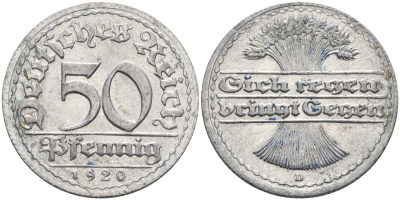 Германия 50 пфеннигов 1921 D KM 27, J.301, Weege 10 алюминий UNC 4584-736