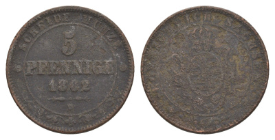Саксония 5 пфеннигов 1862 KM 1218 медь 4638-136