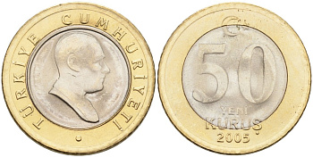 Турция 50 курушей 2005 Кемаль Ататюрк KM 1168 биметалл аUNC 4561-114