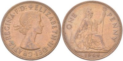 Великобритания 1 пенни 1964 Елизавета II (1952-2022) KM 897, Spink 4157 бронза 4165-1122