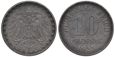 Германия 10 пфеннигов 1921 A KM 20, J. 298 железо 4119-145