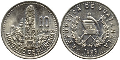 Гватемала 10 сентаво 1993 монолиты Киригуа KM 277.5 медно-никель UNC 4390-112