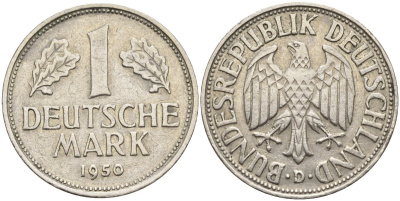 ФРГ 1 марка 1950 G KM 110, J. 385 медно-никель 4132-1027