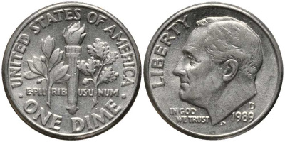 США 10 ЦЕНТОВ = 1 ДАЙМ 1989 D, РУЗВЕЛЬТ KM 195а медь плакированная медно-никелем 112-652