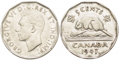 Канада 5 центов 1947 бобр Maple leaf, Георг VI (1936-1952) KM 39a никель 4539-752