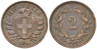 Швейцария 2 раппена 1914 B KM 4 бронза 4189-251
