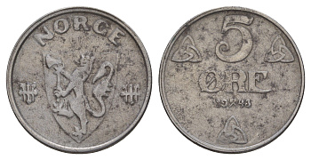 Норвегия 5 эре 1943 Хокон VII (1905-1957) KM 388 железо 4635-537