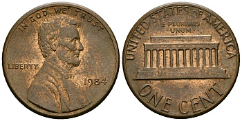 США 1 цент 1984 Линкольн KM 201b цинк плакированный медью 4136-252