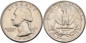 США 25 центов = квотер 1988 D, Вашингтон KM A164a медь плакированная медно-никелем 4584-1244