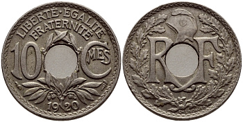 ФРАНЦИЯ 10 САНТИМОВ 1920 ТИП ЛИНДАЙЁ KM 866а медно-никель 08-1141