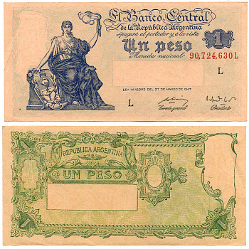 АРГЕНТИНА 1 ПЕСО 1949 СЕРИЯ l, НОМЕР 90724, РОЗОВАЯ БУМАГА, ПОДПИСИ JUAN H. BOSIO - ALFREDO GOMEZ MORALES Pick 257, Bottero 1836 бумага 8613-40-2-2