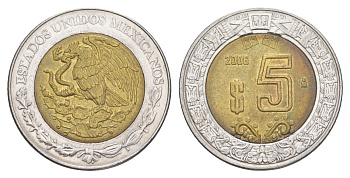 Мексика 5 песо 2006 KM 605 биметалл 4523-1041