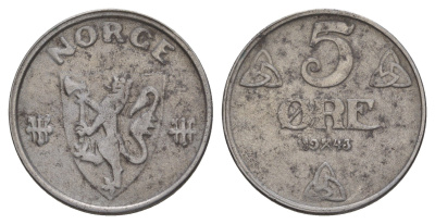 Норвегия 5 эре 1943 Хокон VII (1905-1957) KM 388 железо 4635-537