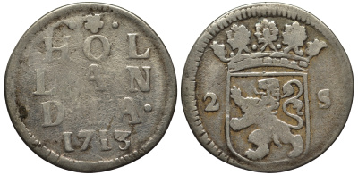 Нидерланды, Голландия 2 стювер (стейвер) 1713 KM 48 серебро 443-432