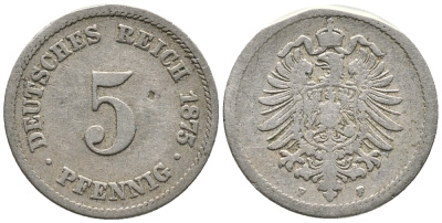 ГЕРМАНИЯ 5 ПФЕННИГОВ 1875 F, СТАРОГЕРБОВКА KM 3, J. 3 медно-никель 39-362