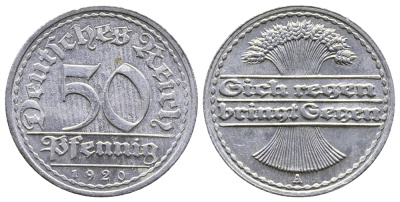 ГЕРМАНИЯ 50 ПФЕННИГОВ 1920 А KM 27, J. 301 алюминий 4380-543