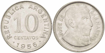 Аргентина 10 сентаво 1956 генерал Хосе де Сан Мартин KM 51 сталь плакированная никелем 105-556