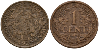 Нидерланды 1 цент 1925 Вильгельмина I (1890-1948) KM 152 бронза 4154-912