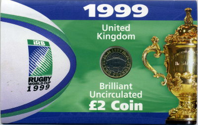 Великобритания 2 фунта 1999 Елизавета II (1952-2022), Чемпионат мира по регби, в оригинальном картонном буклете KM 999, Spink 4571 (K10) биметалл BUNC 3-4-4-46