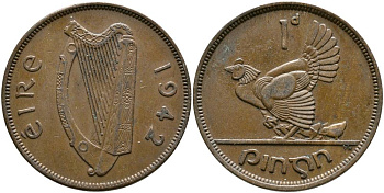 ИРЛАНДИЯ 1 ПЕННИ 1942 КУРИЦА С ЦЫПЛЯТАМИ KM 11 бронза 4531-634