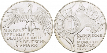 ФРГ 10 МАРОК 1972 J, ОЛИМПИАДА, СТАДИОН KM 133, J.404 серебро UNC 3457-345