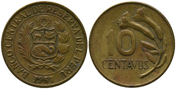 Перу 10 сентаво 1967 KM 245.1 латунь 4532-161