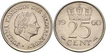 Нидерланды 25 центов 1960 Юлиана (1949-1980) KM 183 никель    4598-362