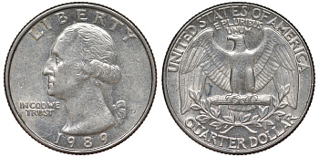 США 25 центов = квотер 1989 D, Вашингтон KM A164a медь плакированная медно-никелем 4556-1155