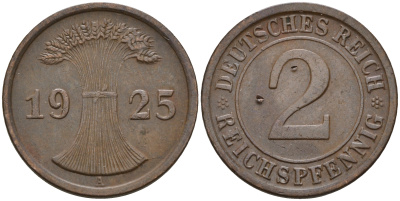 Германия 2 рейхспфеннига 1925 А KM 38 J. 314 бронза    4152-1156