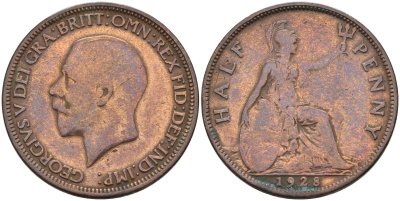 Великобритания 1/2 пенни 1928 Георг V (1910-1936) KM 837, Spink 4058 бронза 4591-1041