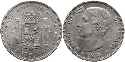 ИСПАНИЯ 5 ПЕСЕТ 1875 (75) DE-M, АЛЬФОНСО XII KM 671 серебро 00-00