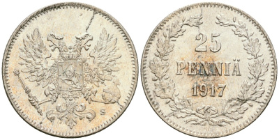 Россия для Финляндии 25 пенни 1917 S, временное правительство, без короны KM 19, Биткин 2 серебро aUNC 4580-1237