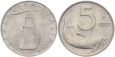 Италия 5 лир 1997 R, дельфин KM 92 алюминий  UNC  4594-661