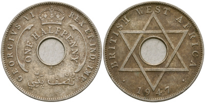 Британская Западная Африка 1/2 пенни 1947 H, Георг VI KM 18 медно-никель 25-1023