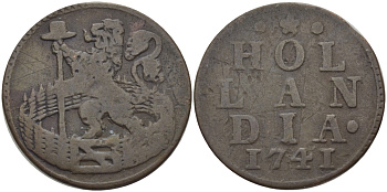 НИДЕРЛАНДЫ, ГОЛЛАНДИЯ 1 ДУИТ 1741 HOLANDIA KM 80 медь 73-1631
