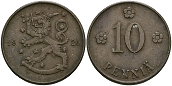 Финляндия 10 пенни 1920 республика (1918-1962) KM 24 медь 08-1022