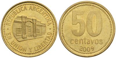 Аргентина 50 сентаво 2009 здание конгресса Тукумана, узкие буквы KM 111.1, CJ 5, Schon 112 алюминиевая бронза    60-453