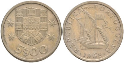 ПОРТУГАЛИЯ 5 ЭСКУДО 1968 ПАРУСНИК KM 591 медно-никель 4561-746