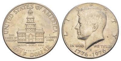США 1/2 доллара (50 центов) 1976 D, 200 лет независимости, Джон Кеннеди KM 205 медь плакированная медно-никелем aUNC 4545-1146