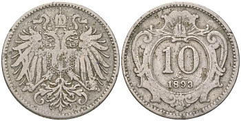 Австрия 10 геллеров 1893 Франц Иосиф I (1848-1916) KM 2802 никель 4613-1158