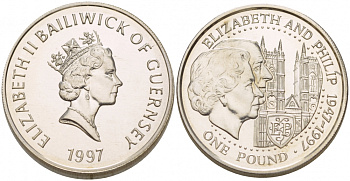 Гернси 1 фунт 1997 Елизавета и Филлип, золотая свадьба KM 70 серебро PROOF 02-117-34