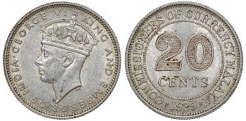 Британская Малайя 20 центов 1939 Георг VI (1937-1952) KM 5 серебро 53-341