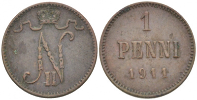 Россия для Финляндии 1 пенни 1911 Николай II (1894-1917) KM 13, Биткин 471 медь 4396-1338