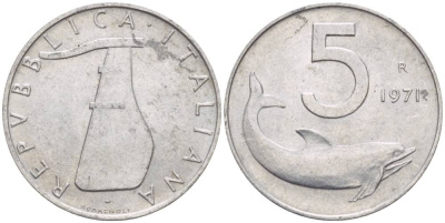 ИТАЛИЯ 5 ЛИР 1971 R, ДЕЛЬФИН, РУЛЬ KM 92 алюминий 4551-124