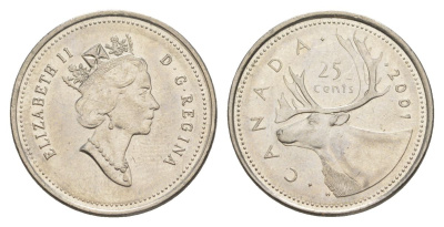 Канада 25 центов 2001 Елизавета II (1952-2022), олень KM 184b сталь плакированная никелем 4631-657
